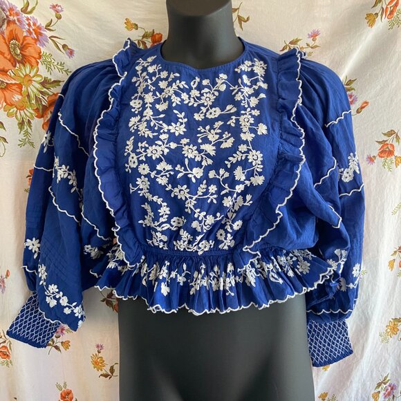 Farm Rio Blue Floral Embroidered Women's Top Size S Boho Peasant Colorful AS IS - Picture 3 of 13